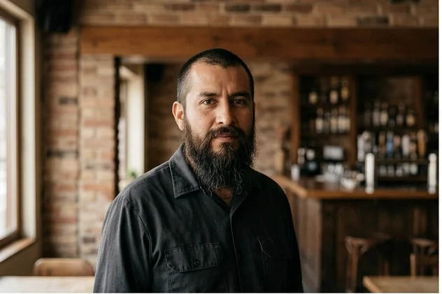 Retrato de una persona del equipo de Birriería La Providencia, de pie en su local.