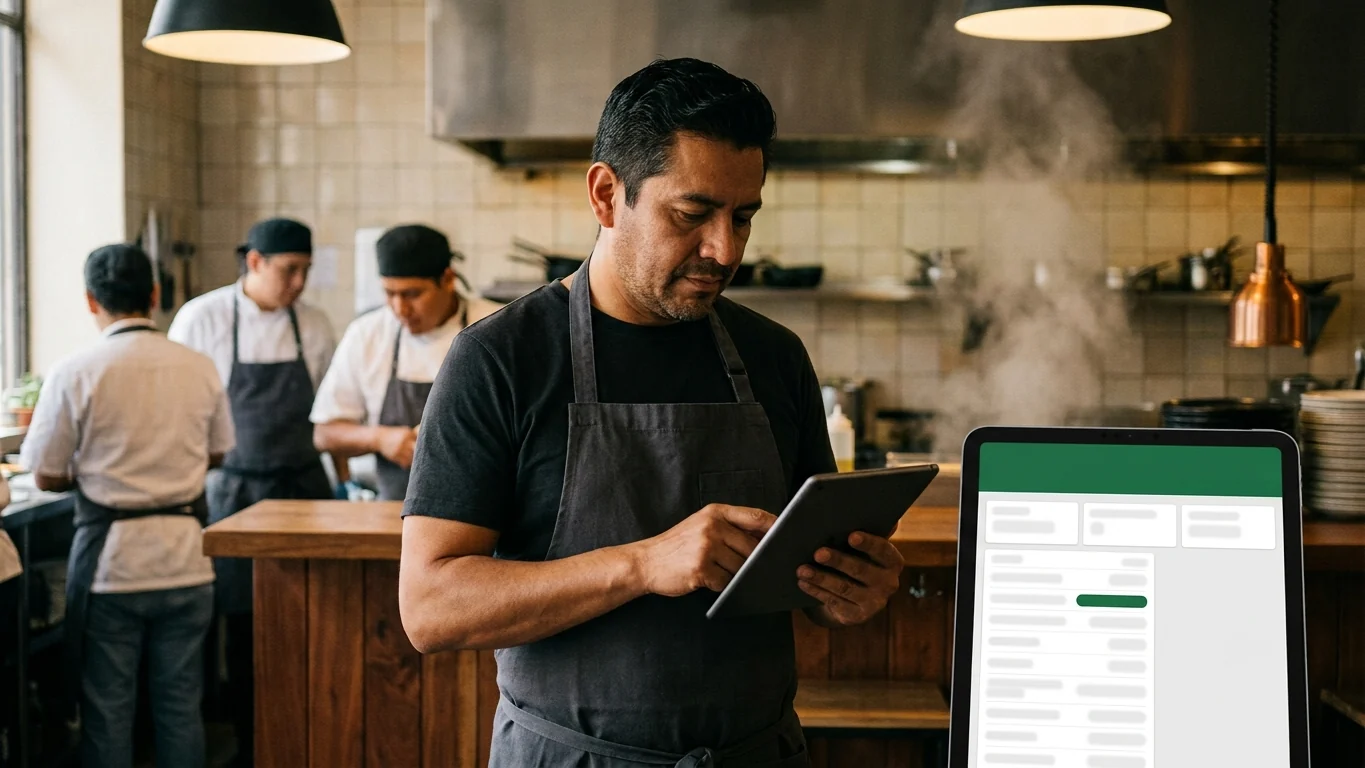 Encargado de un restaurante revisando en una tableta los pedidos del día, de pie en el pase de la cocina mientras el equipo trabaja detrás.