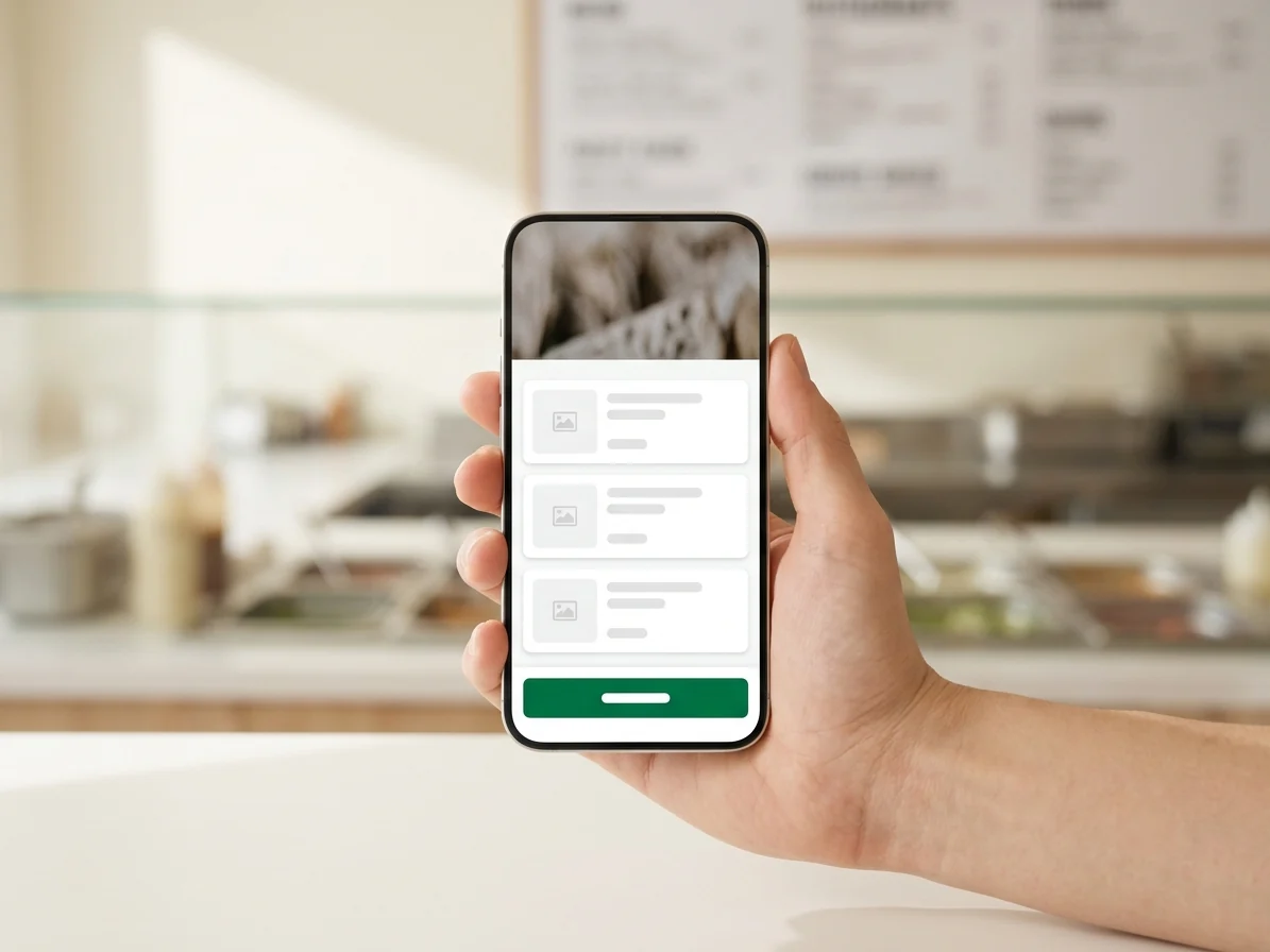 Mano sosteniendo un teléfono con el sitio de pedidos de un restaurante abierto: el menú en tarjetas y el botón de ordenar, con el mostrador de fondo.